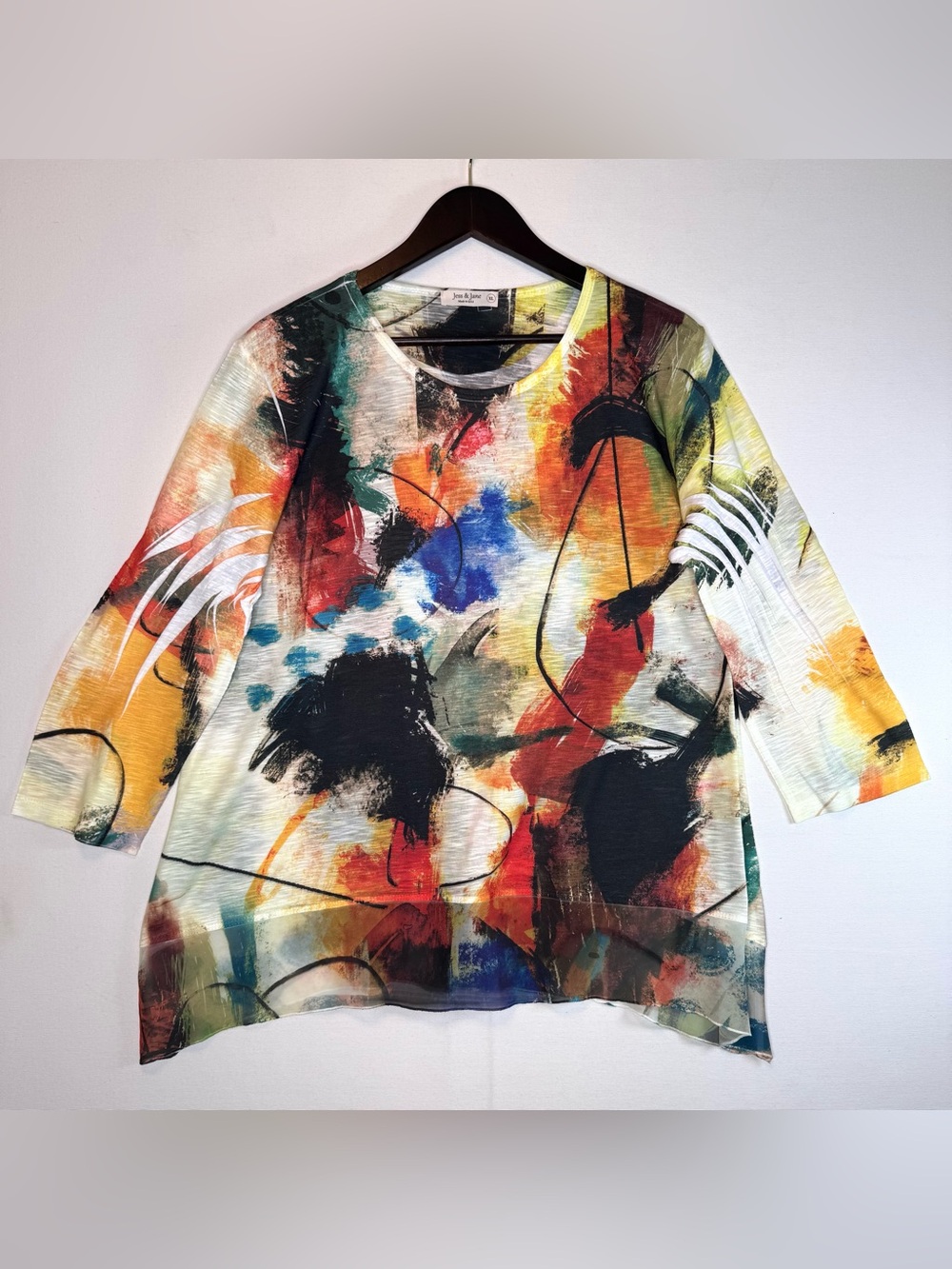 Jess & Jane Abstract Print Tunic Top colorful artsy blouse size XL lightweight